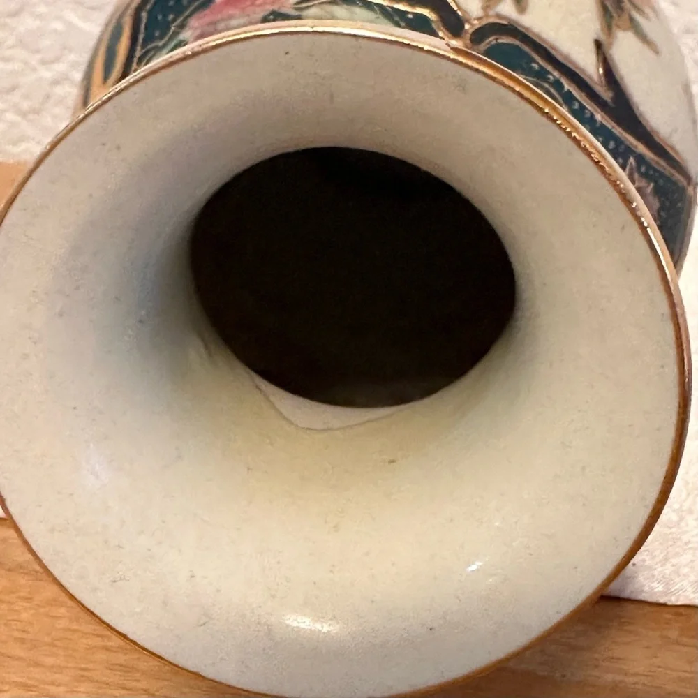Vintage Asian Decorative Vase Bird Floral Gold Accent Satsuma Style